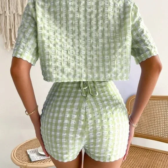 GREEN 3 PIECE GINGHAM SUMMER SET STREETWEAR BEACHY VACAY - Picture 6 of 7